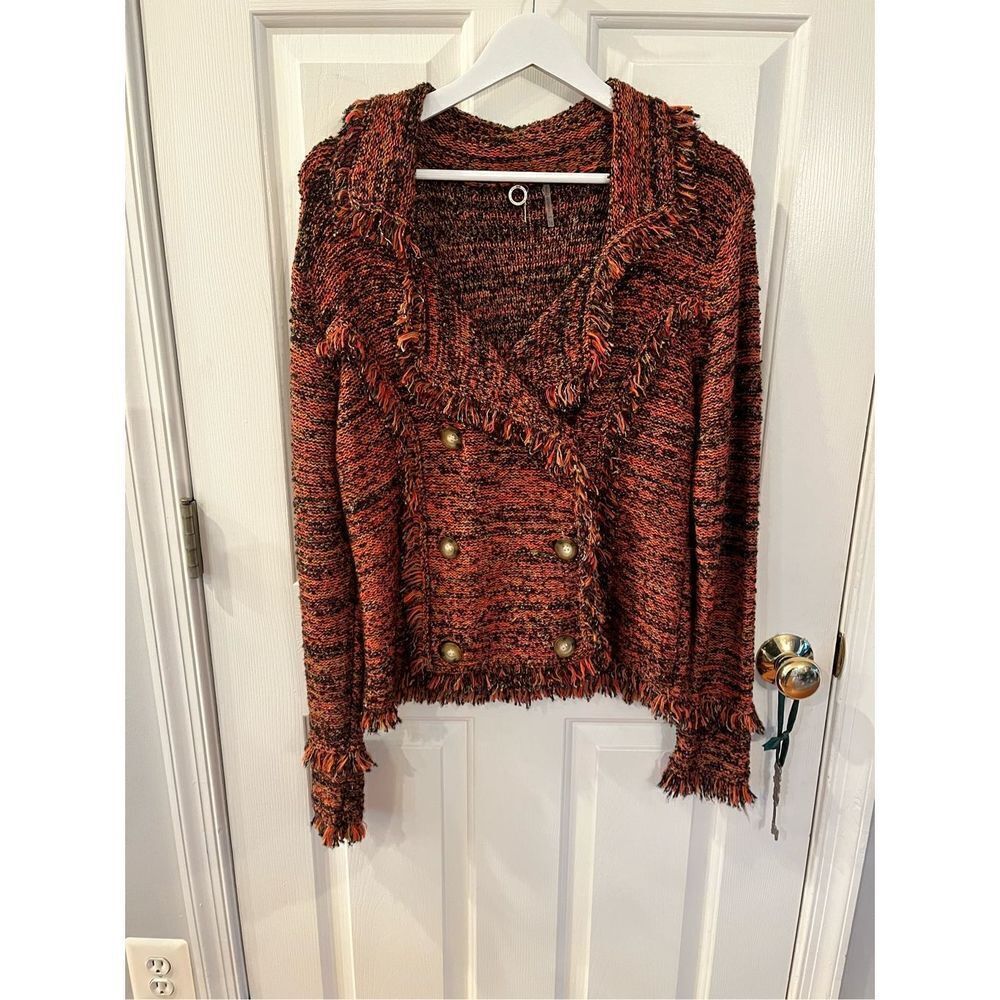 One Girl Who Anthropologie Orange Tweed Fringed  Double Breasted Jacket sz L EUC
